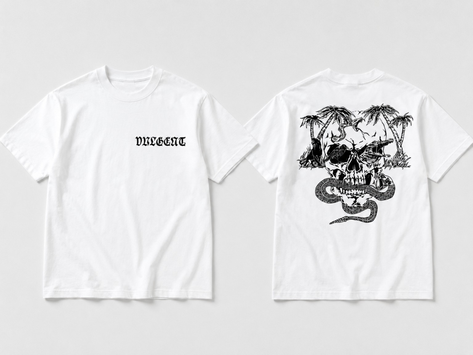 Front and back proof of the white Devil's Garden Vulgent shirt