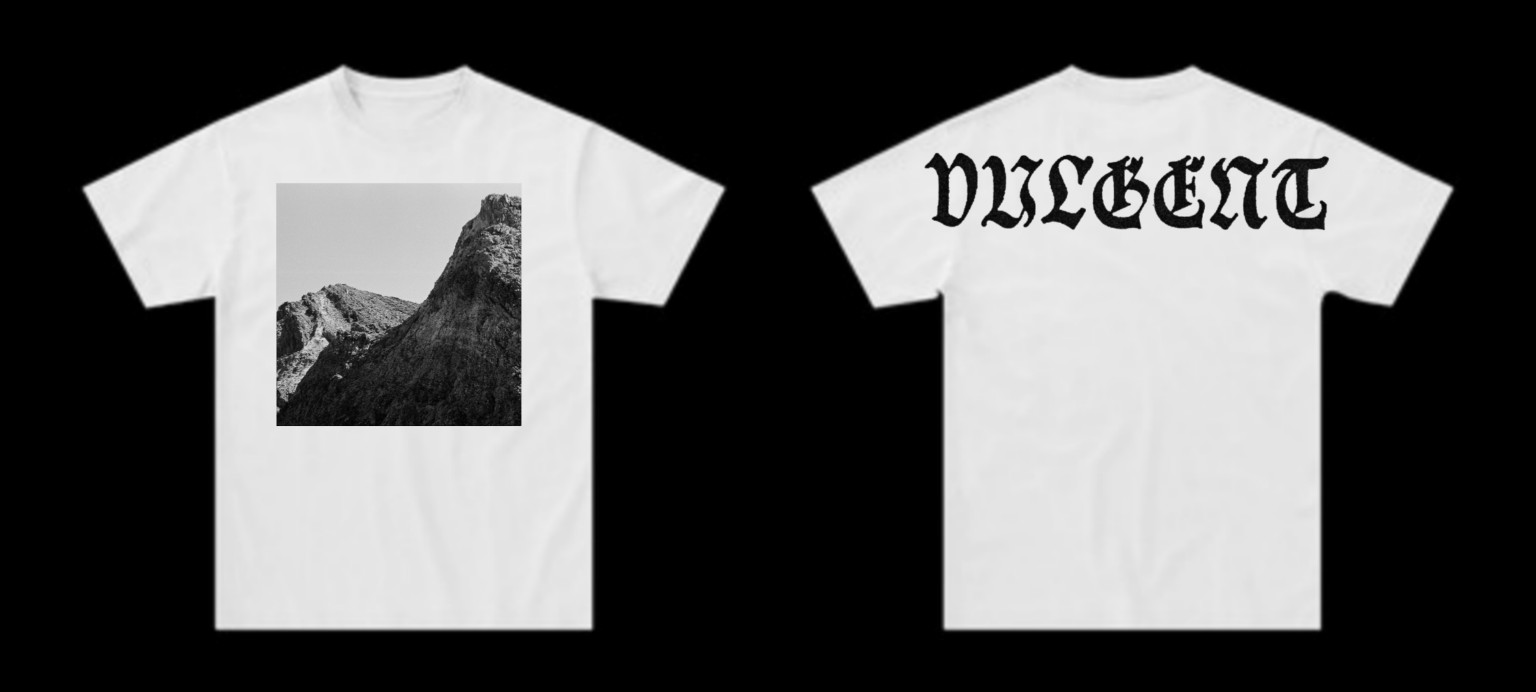 Front and back proof of a white Vulgent shirt with mountain photograph and blackletter wordmark