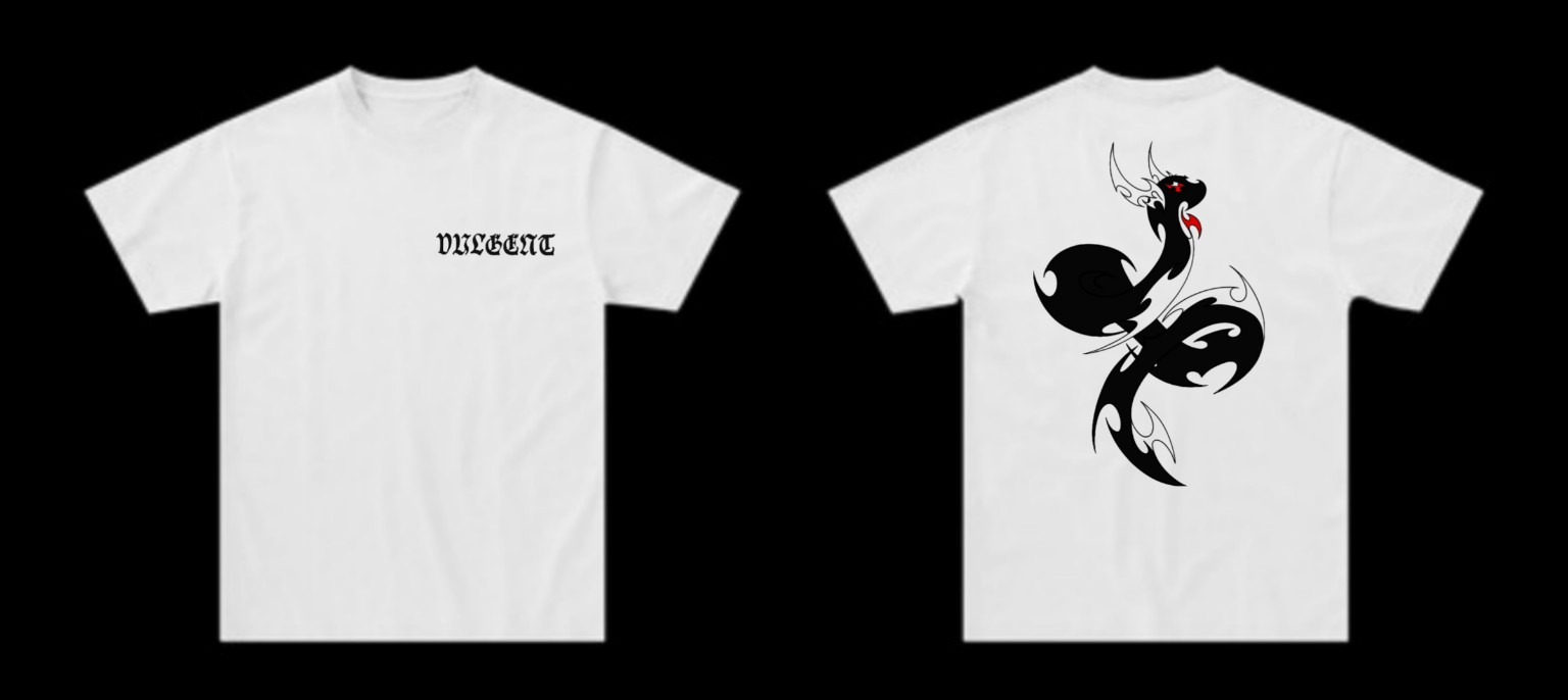 Front and back proof of a white Vulgent shirt with blackletter wordmark and winged serpent artwork