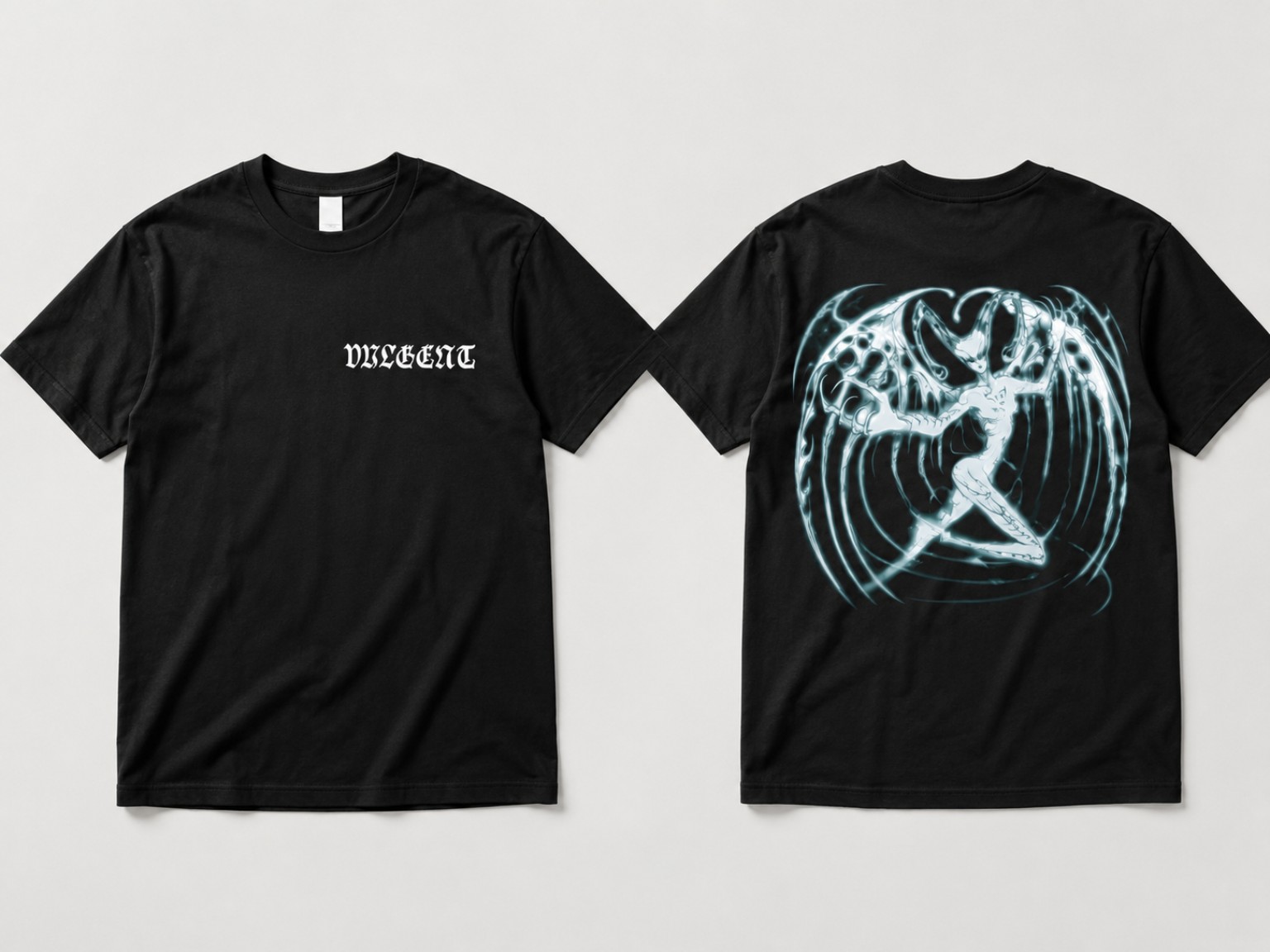Front and back proof of the black Spectral Fool Vulgent shirt