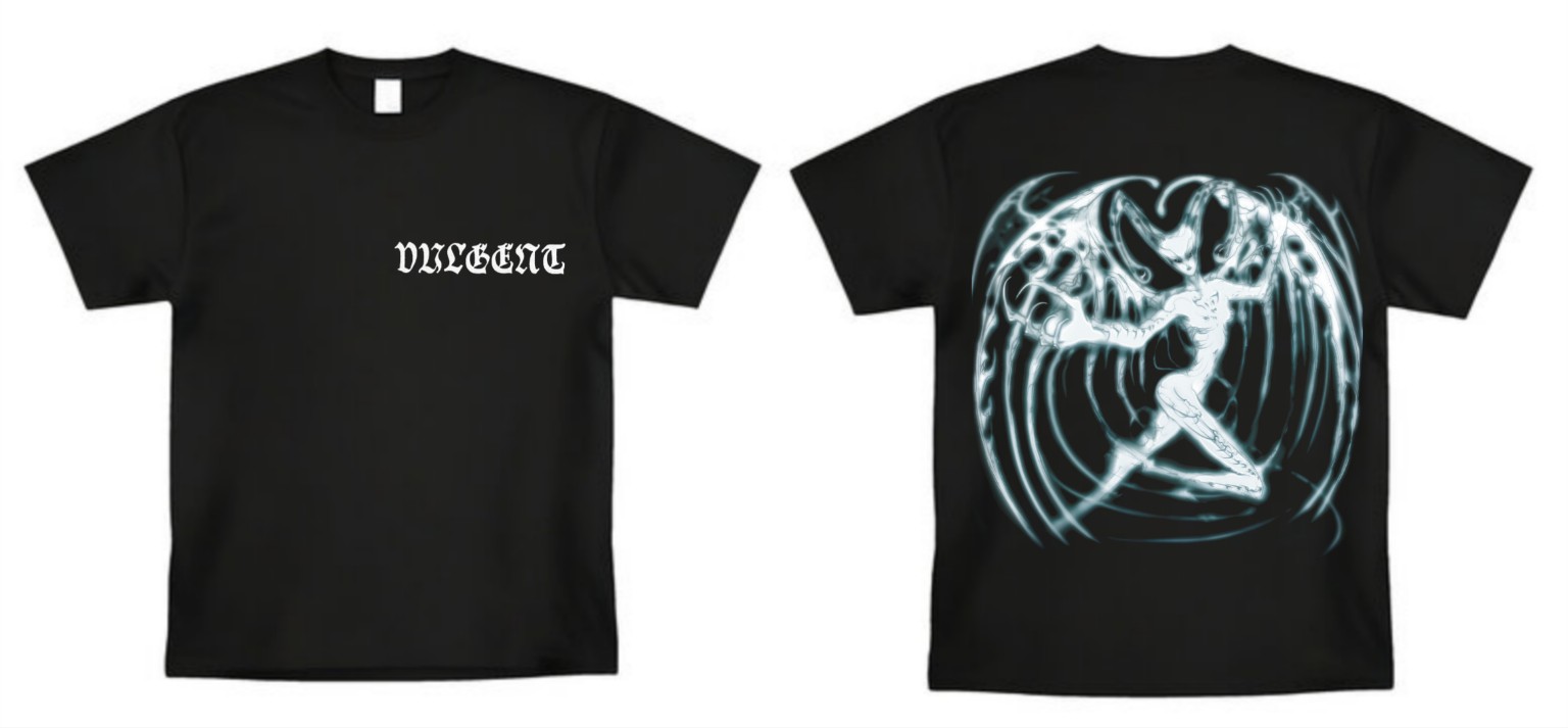 Front and back proof of a black Vulgent shirt with white wordmark and spectral winged figure