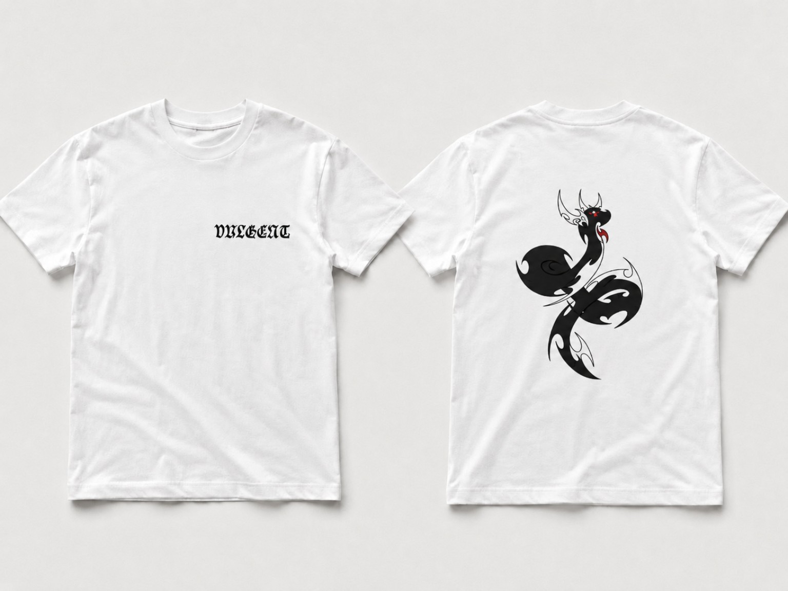 Front and back proof of the white Stormcloud Wyrm Vulgent shirt
