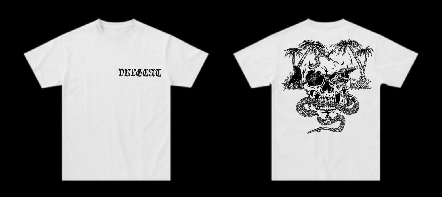Front and back proof of a white Vulgent shirt with blackletter wordmark and tropical skull illustration